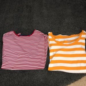 Red and white striped tee and yellow and white tee